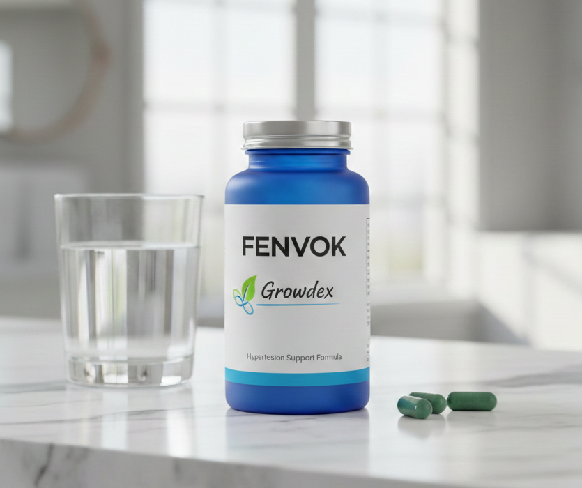 Modern cylindrical supplement bottle with premium burgundy and cream label design featuring 'Growdex' branding, placed on a clean white surface with soft natural lighting, professional product photography style